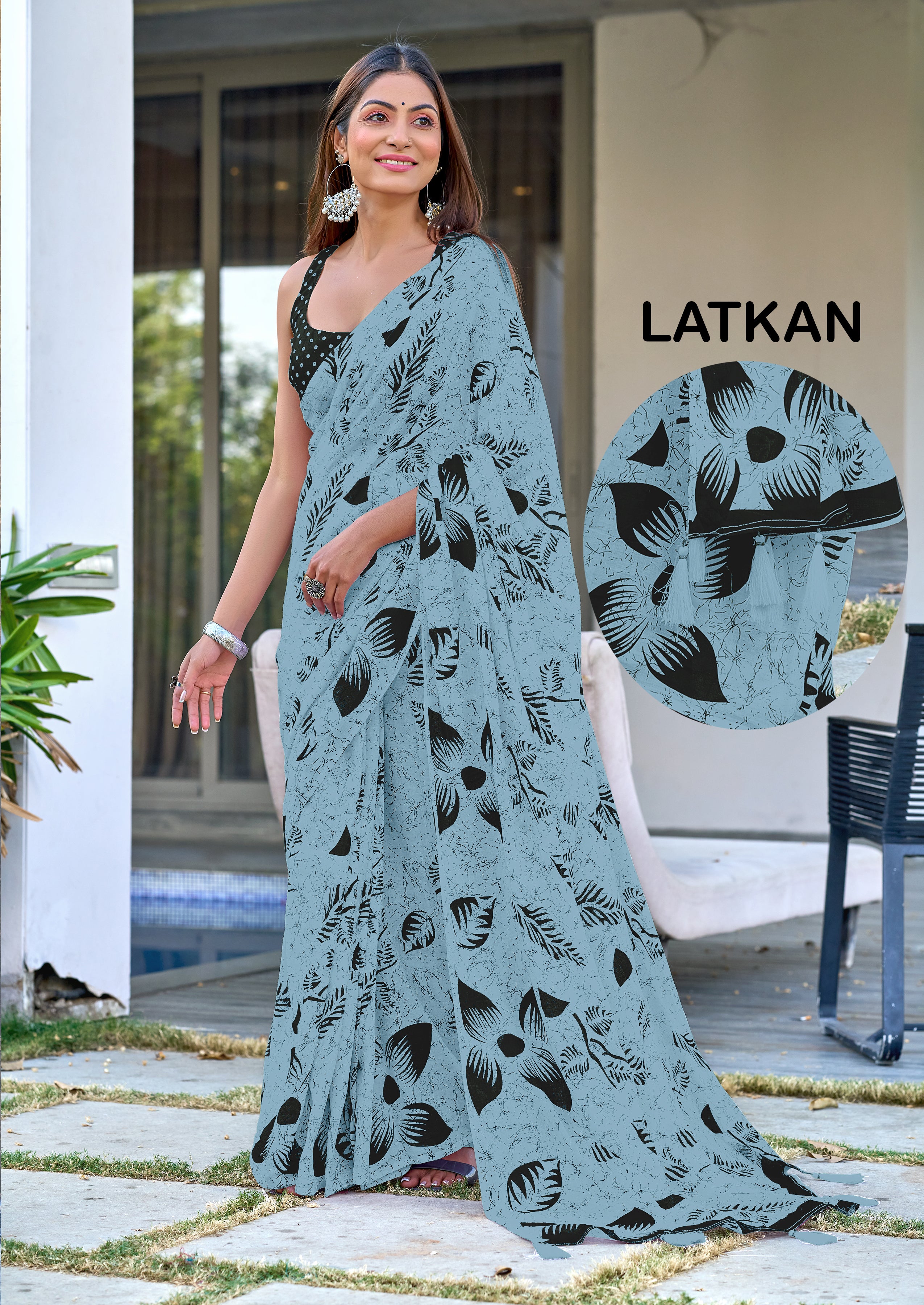 Akruti Floral Hand Block Printed Sarees With Fancy Latkan