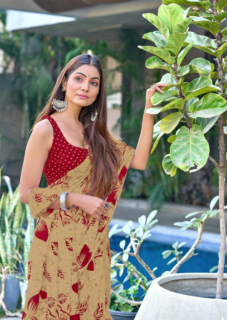 AKRUTI PURE MULMUL COTTON FLORAL STYLE HAND BLOCK PRINTD BEIGE WITH MAROON SAREE