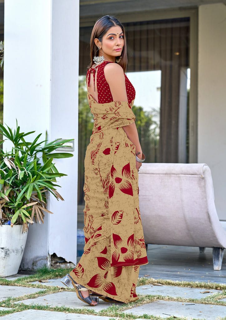 AKRUTI PURE MULMUL COTTON FLORAL STYLE HAND BLOCK PRINTD BEIGE WITH MAROON SAREE