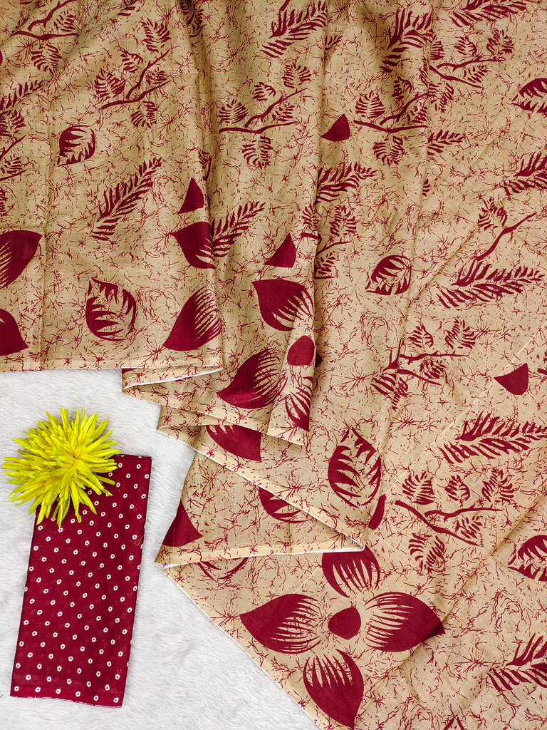 AKRUTI PURE MULMUL COTTON FLORAL STYLE HAND BLOCK PRINTD BEIGE WITH MAROON SAREE