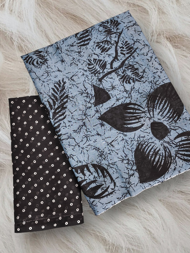 AKRUTI PURE MULMUL COTTON FLORAL STYLE HAND BLOCK PRINTD GREY AND BLACK SAREE