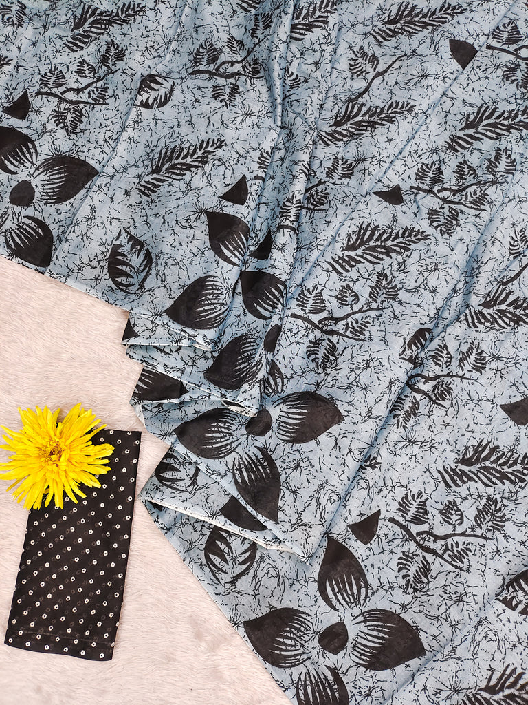 AKRUTI PURE MULMUL COTTON FLORAL STYLE HAND BLOCK PRINTD GREY AND BLACK SAREE