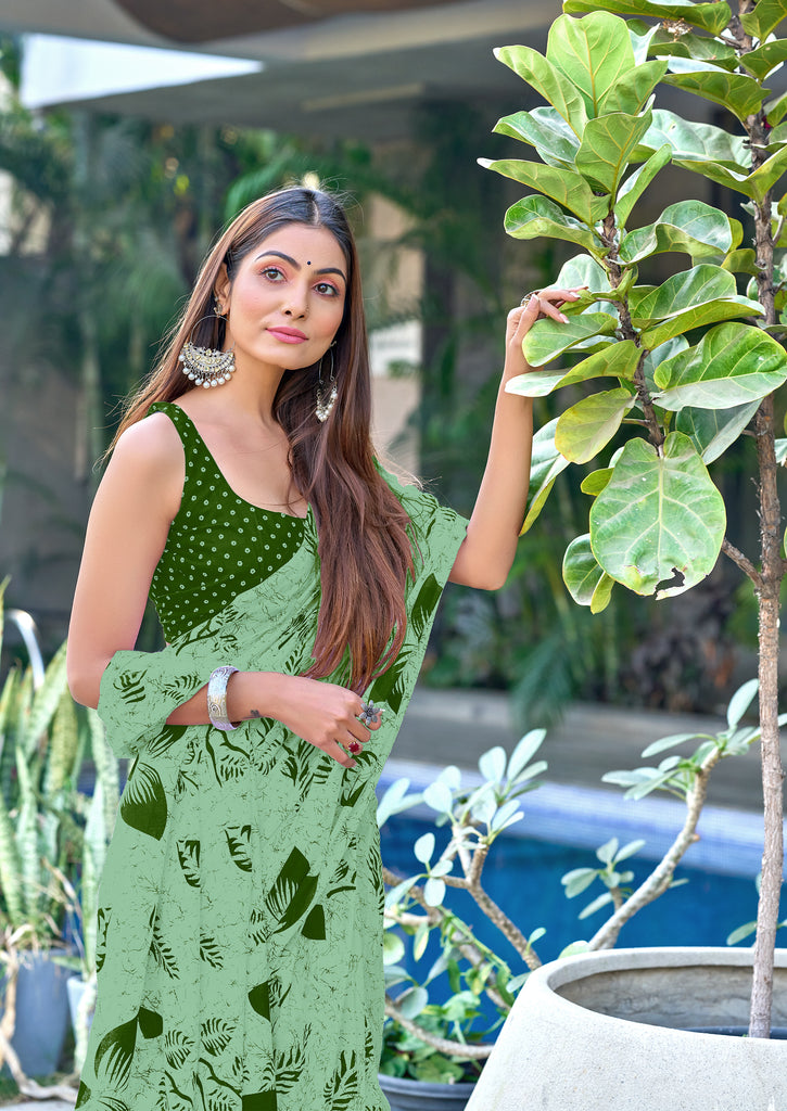 AKRUTI PURE MULMUL COTTON FLORAL STYLE HAND BLOCK PRINTD LIGHT GREEN WITH DARK GREEN SAREE