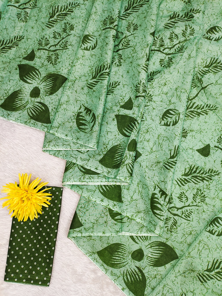 AKRUTI PURE MULMUL COTTON FLORAL STYLE HAND BLOCK PRINTD LIGHT GREEN WITH DARK GREEN SAREE