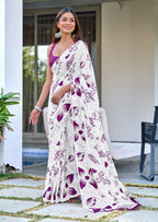 AKRUTI PURE MULMUL COTTON FLORAL STYLE HAND BLOCK PRINTD WHITE AND PURPLE SAREE
