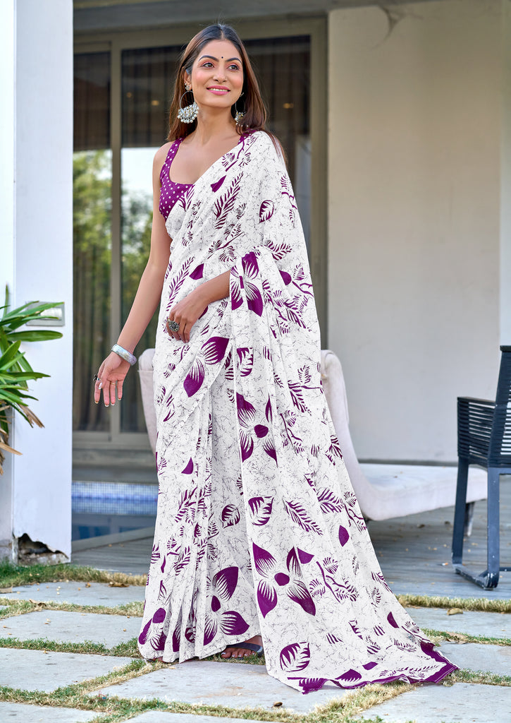 AKRUTI PURE MULMUL COTTON FLORAL STYLE HAND BLOCK PRINTD WHITE AND PURPLE SAREE