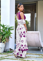 AKRUTI PURE MULMUL COTTON FLORAL STYLE HAND BLOCK PRINTD WHITE AND PURPLE SAREE