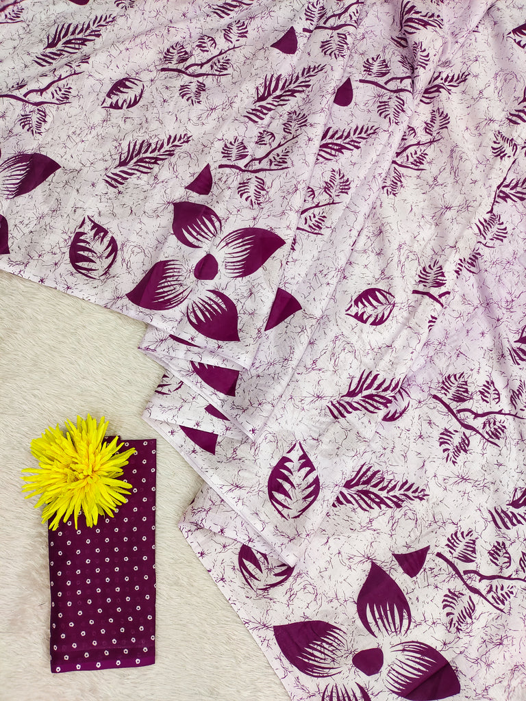 AKRUTI PURE MULMUL COTTON FLORAL STYLE HAND BLOCK PRINTD WHITE AND PURPLE SAREE