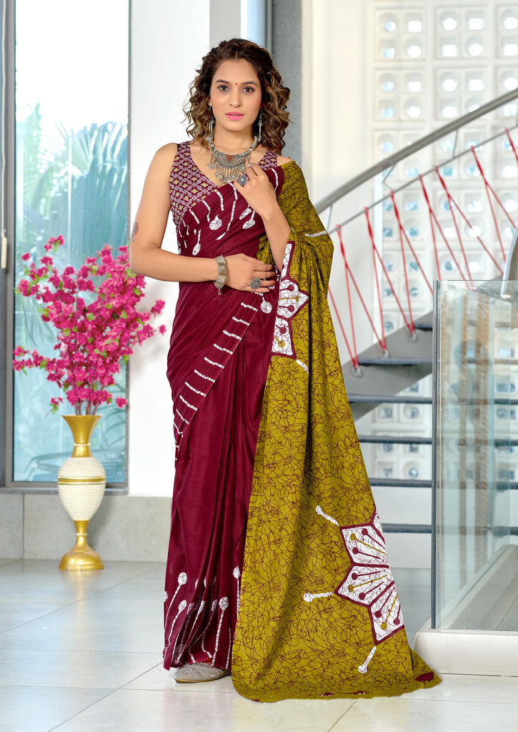 ANAYA PURE COTTON FANCY HAND BLOCK PRINT MAROON SAREE
