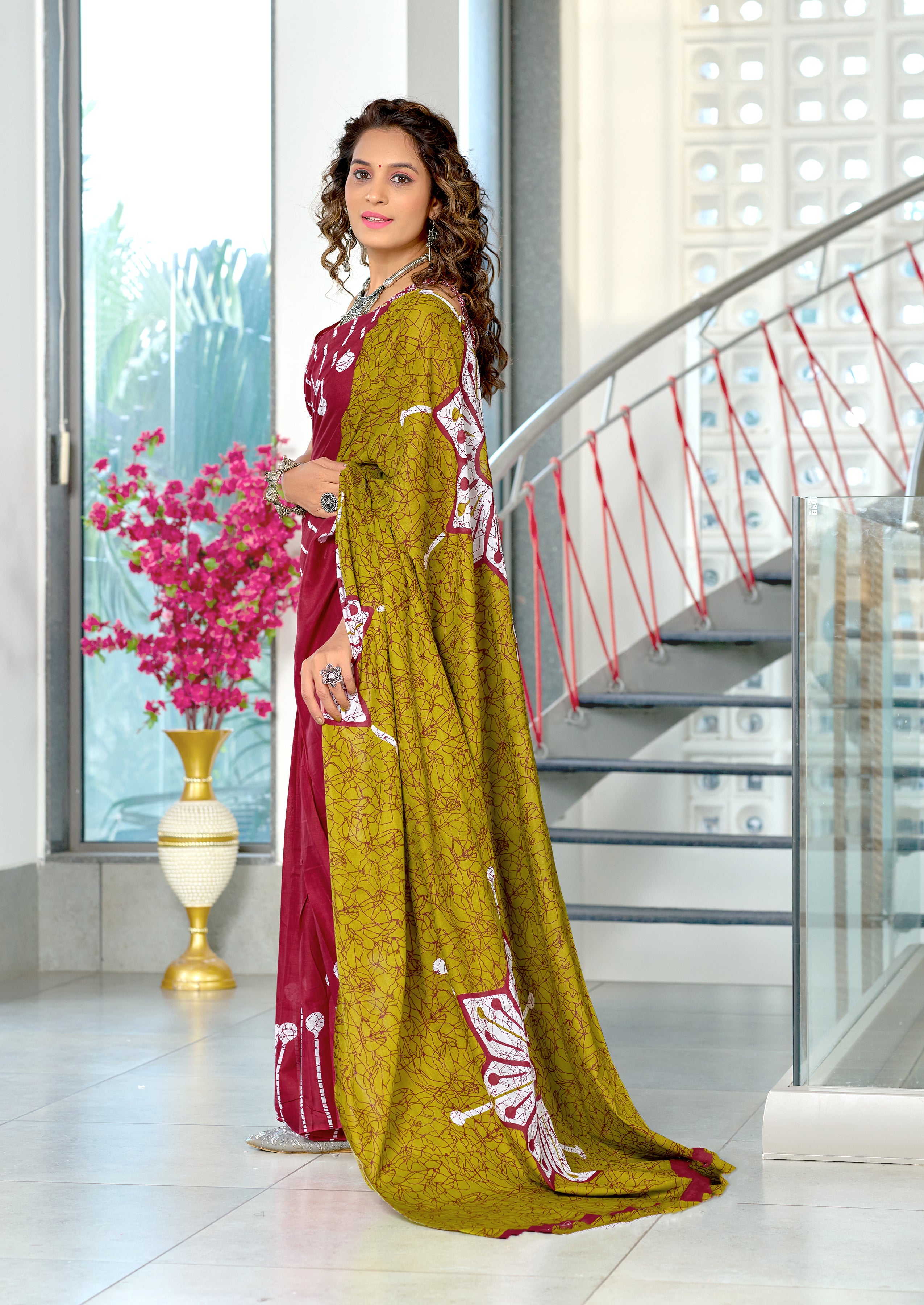 ANAYA PURE COTTON FANCY HAND BLOCK PRINT MAROON SAREE