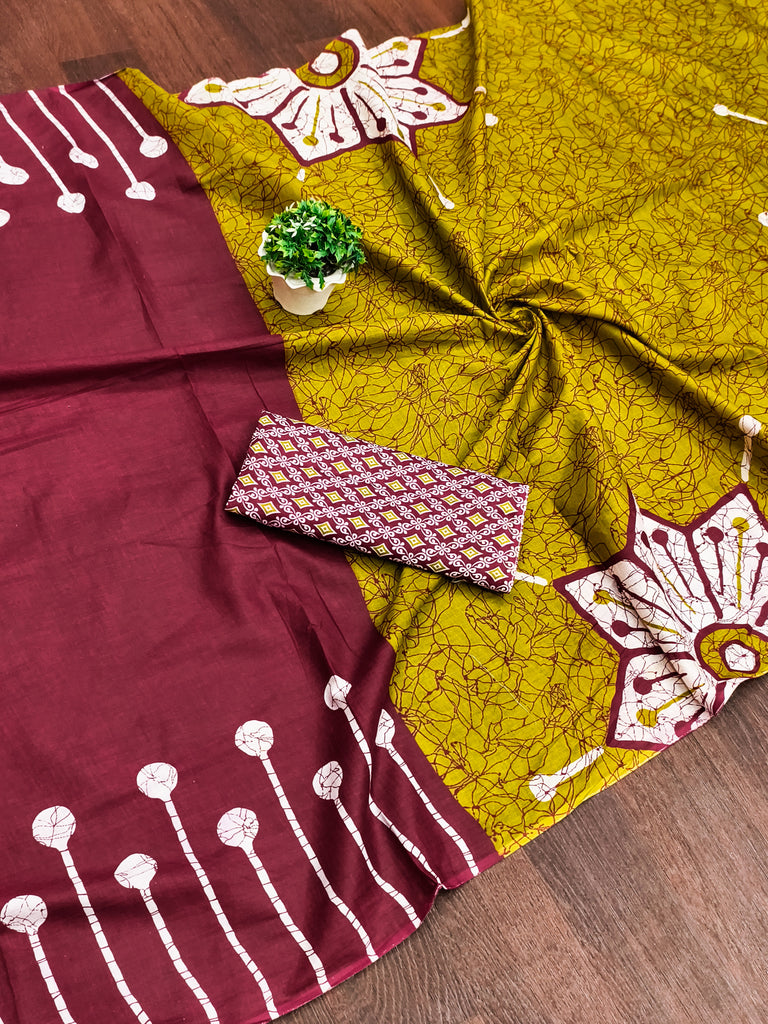 ANAYA PURE COTTON FANCY HAND BLOCK PRINT MAROON SAREE