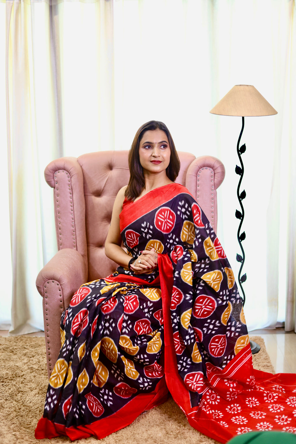 ANGRAKHA PURE MULMUL COTTON IKKAT HAND PRINTED BLACK SAREE