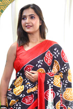 ANGRAKHA PURE MULMUL COTTON IKKAT HAND PRINTED BLACK SAREE