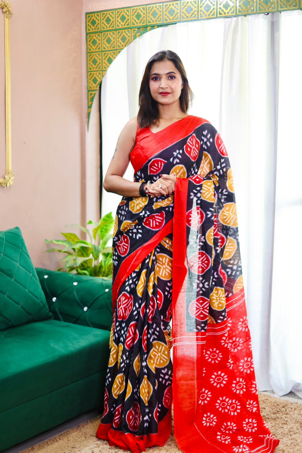 ANGRAKHA PURE MULMUL COTTON IKKAT HAND PRINTED BLACK SAREE
