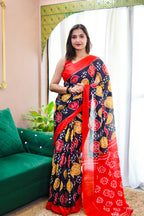 ANGRAKHA PURE MULMUL COTTON IKKAT HAND PRINTED BLACK SAREE