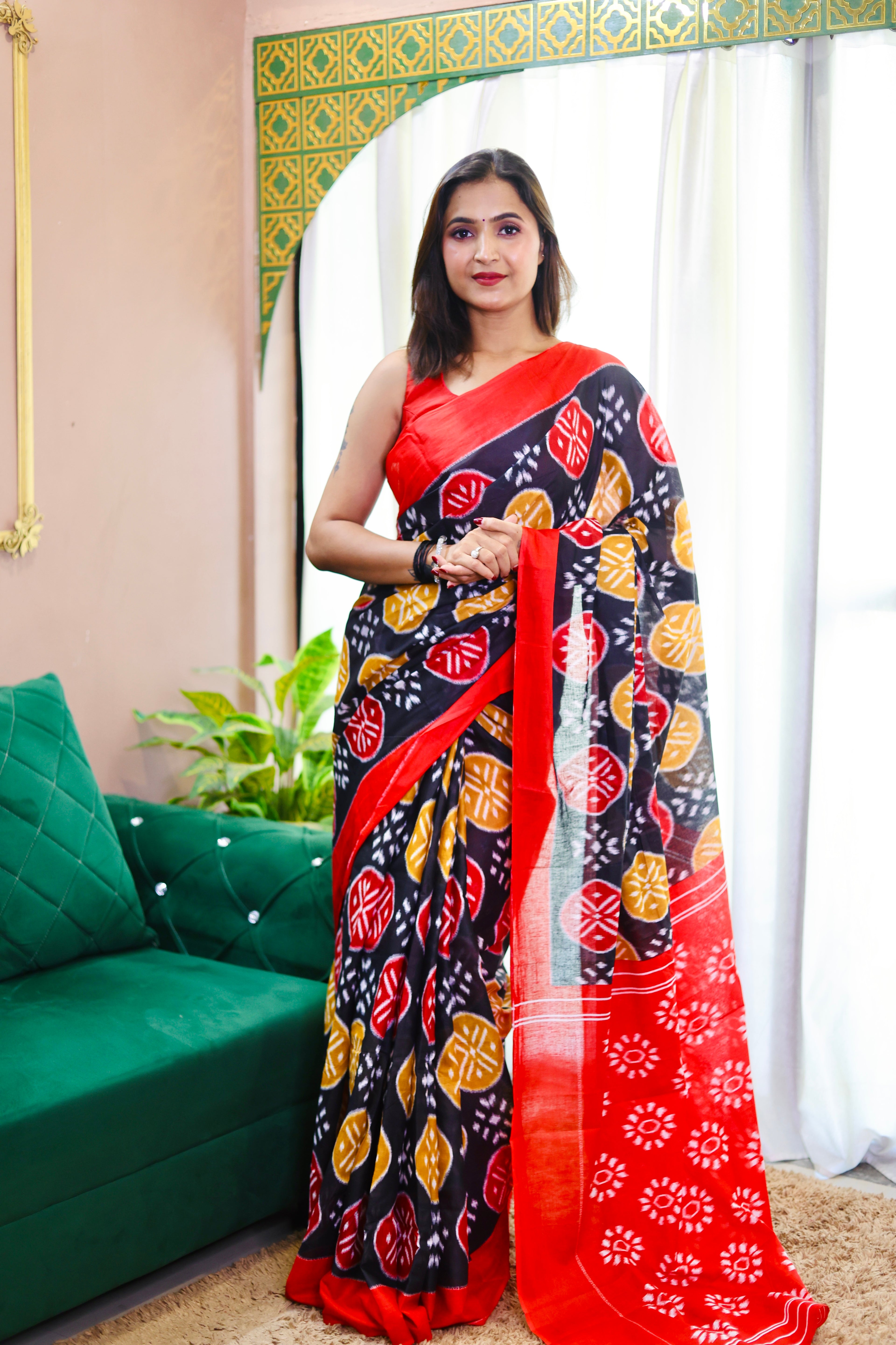 ANGRAKHA PURE MULMUL COTTON IKKAT HAND PRINTED BLACK SAREE