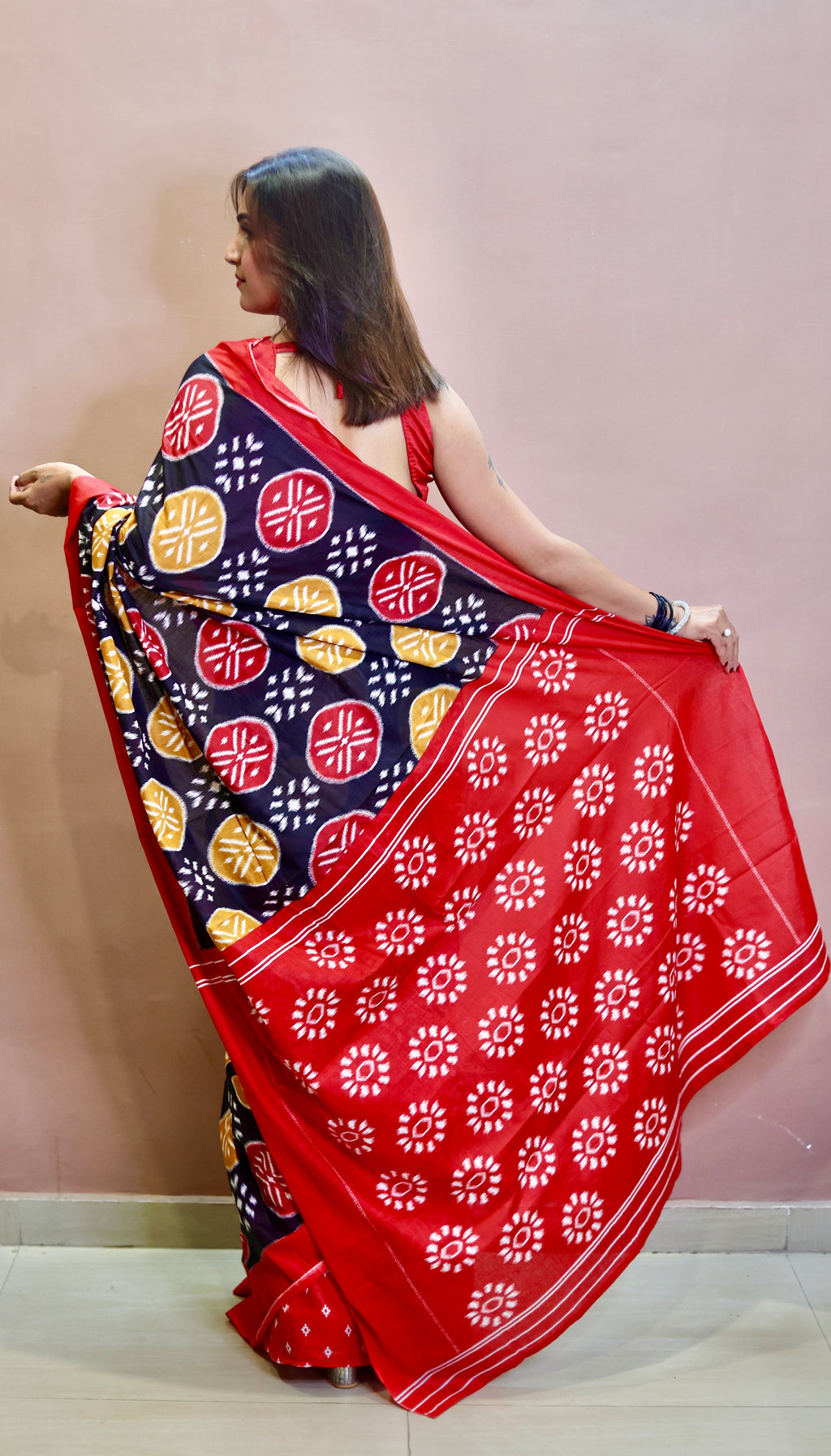 ANGRAKHA PURE MULMUL COTTON IKKAT HAND PRINTED BLACK SAREE