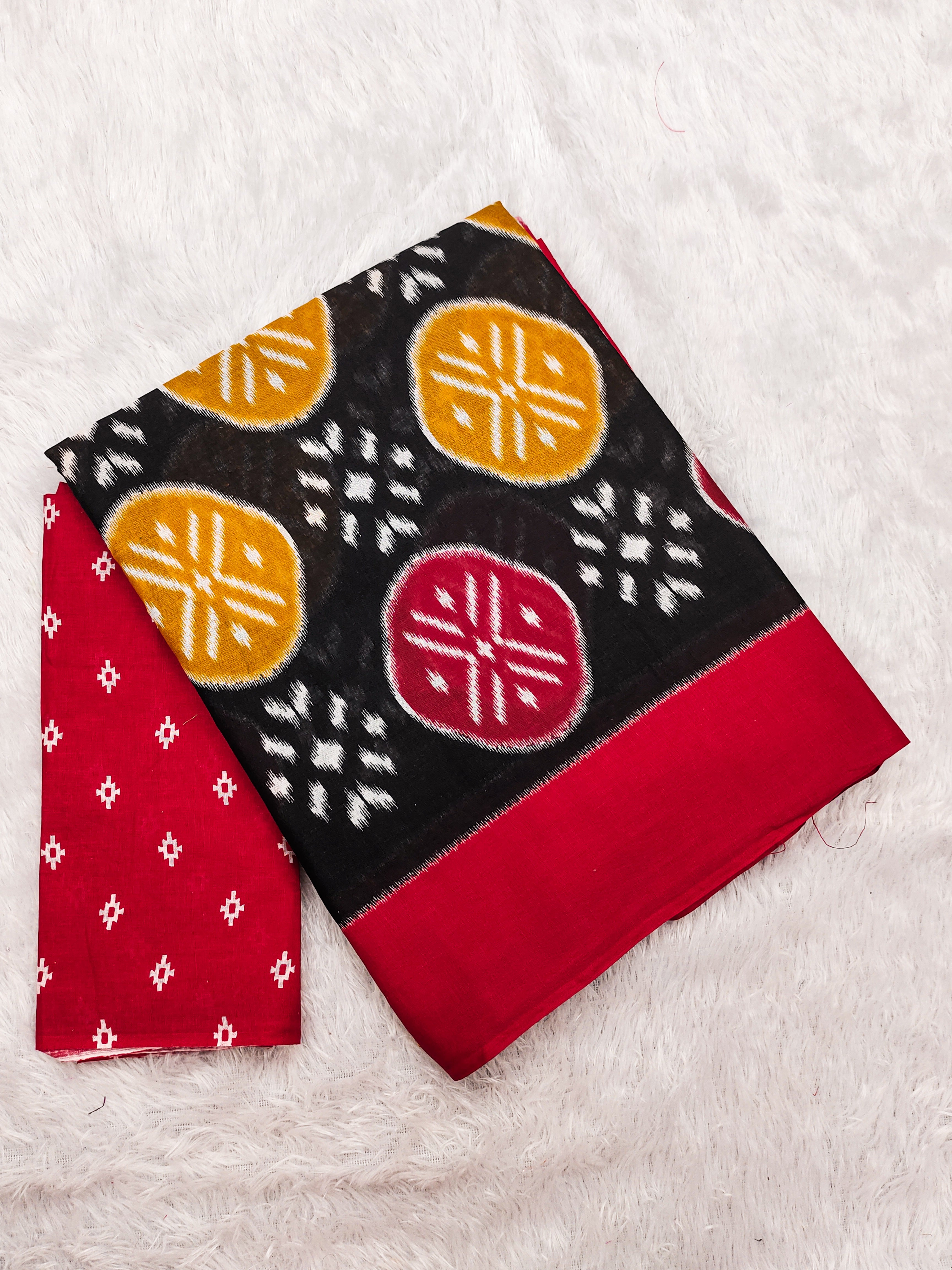 ANGRAKHA PURE MULMUL COTTON IKKAT HAND PRINTED BLACK SAREE