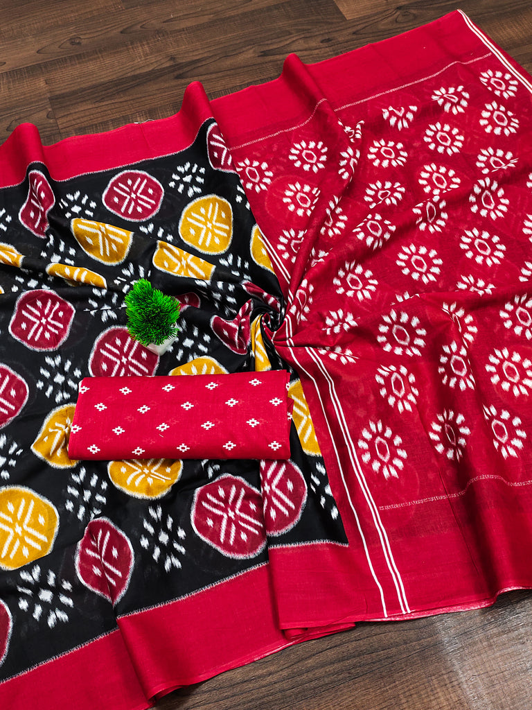 ANGRAKHA PURE MULMUL COTTON IKKAT HAND PRINTED BLACK SAREE