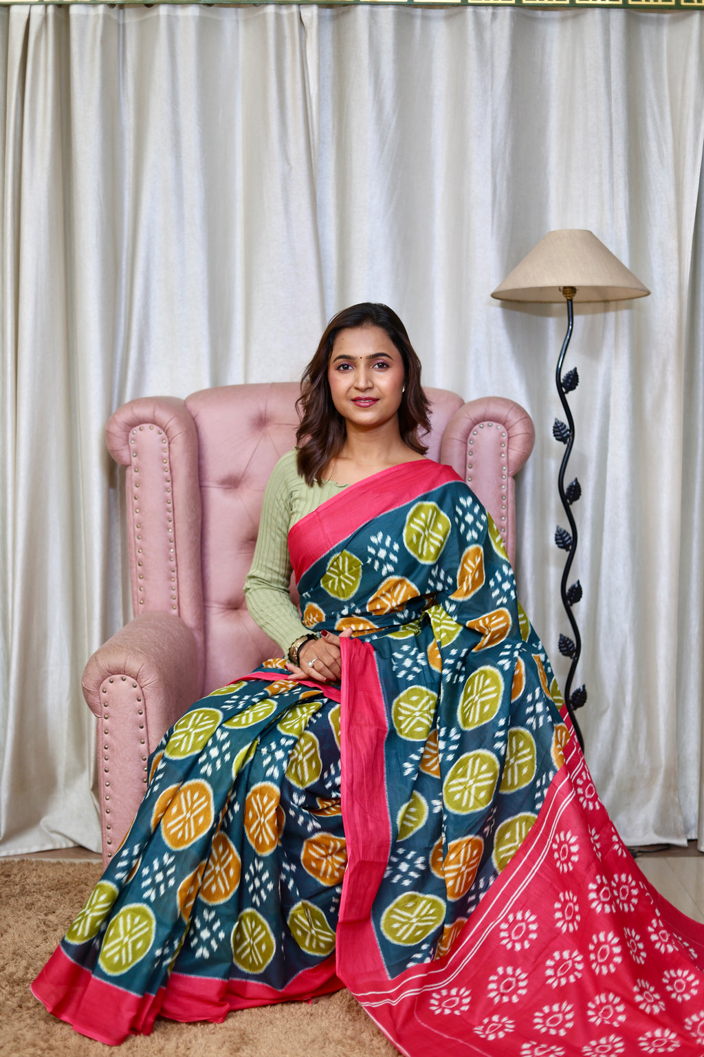 ANGRAKHA PURE MULMUL COTTON IKKAT HAND PRINTED DARK TEAL SAREE