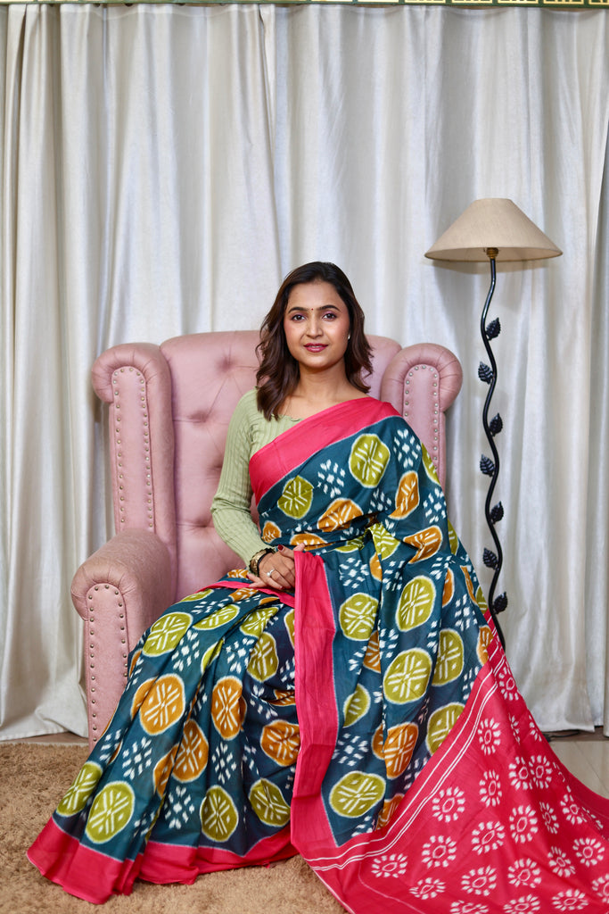ANGRAKHA PURE MULMUL COTTON IKKAT HAND PRINTED DARK TEAL SAREE