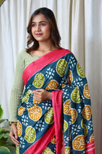ANGRAKHA PURE MULMUL COTTON IKKAT HAND PRINTED DARK TEAL SAREE