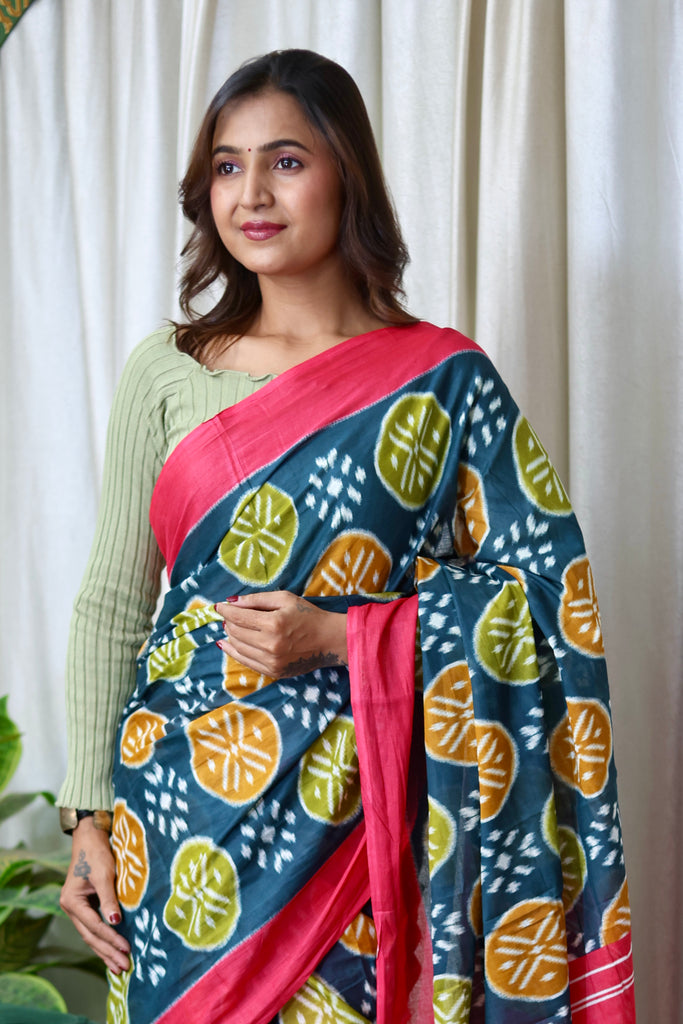 ANGRAKHA PURE MULMUL COTTON IKKAT HAND PRINTED DARK TEAL SAREE