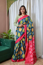 ANGRAKHA PURE MULMUL COTTON IKKAT HAND PRINTED DARK TEAL SAREE