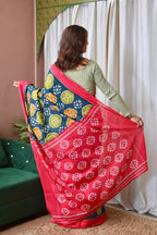 ANGRAKHA PURE MULMUL COTTON IKKAT HAND PRINTED DARK TEAL SAREE