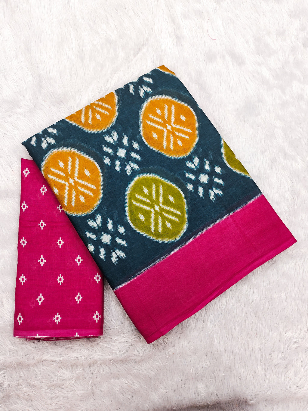 ANGRAKHA PURE MULMUL COTTON IKKAT HAND PRINTED DARK TEAL SAREE