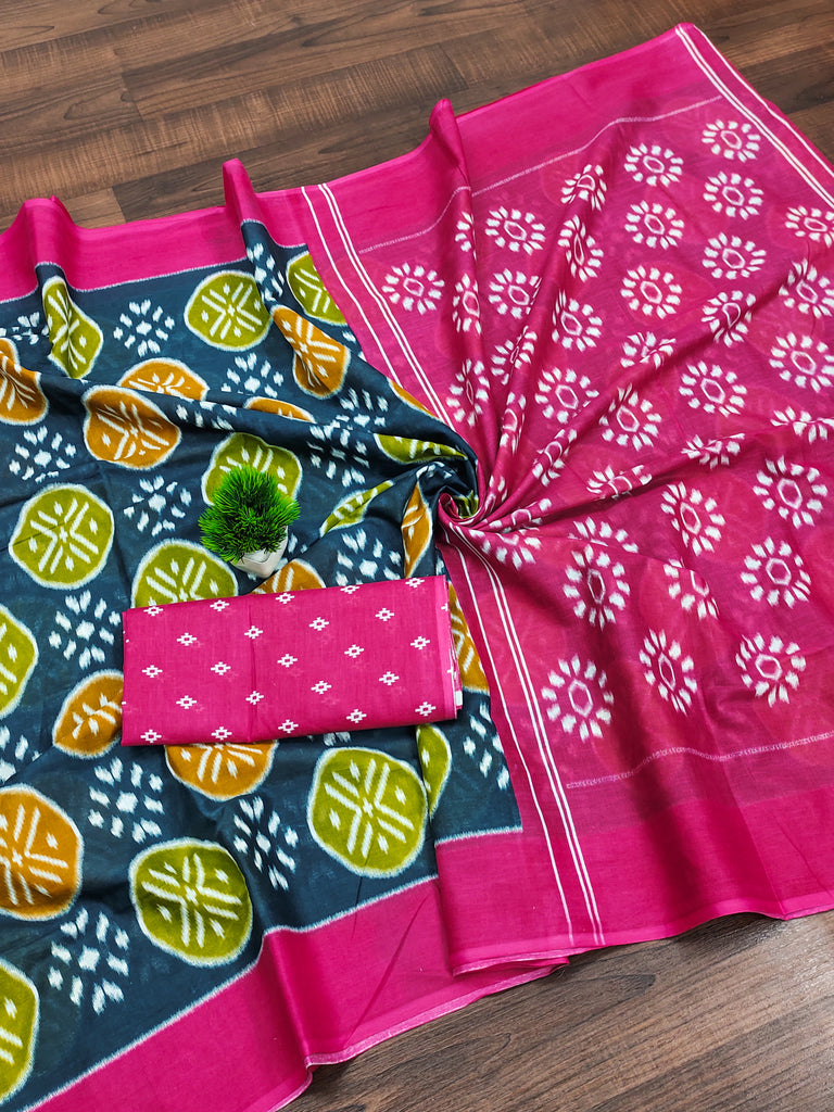 ANGRAKHA PURE MULMUL COTTON IKKAT HAND PRINTED DARK TEAL SAREE