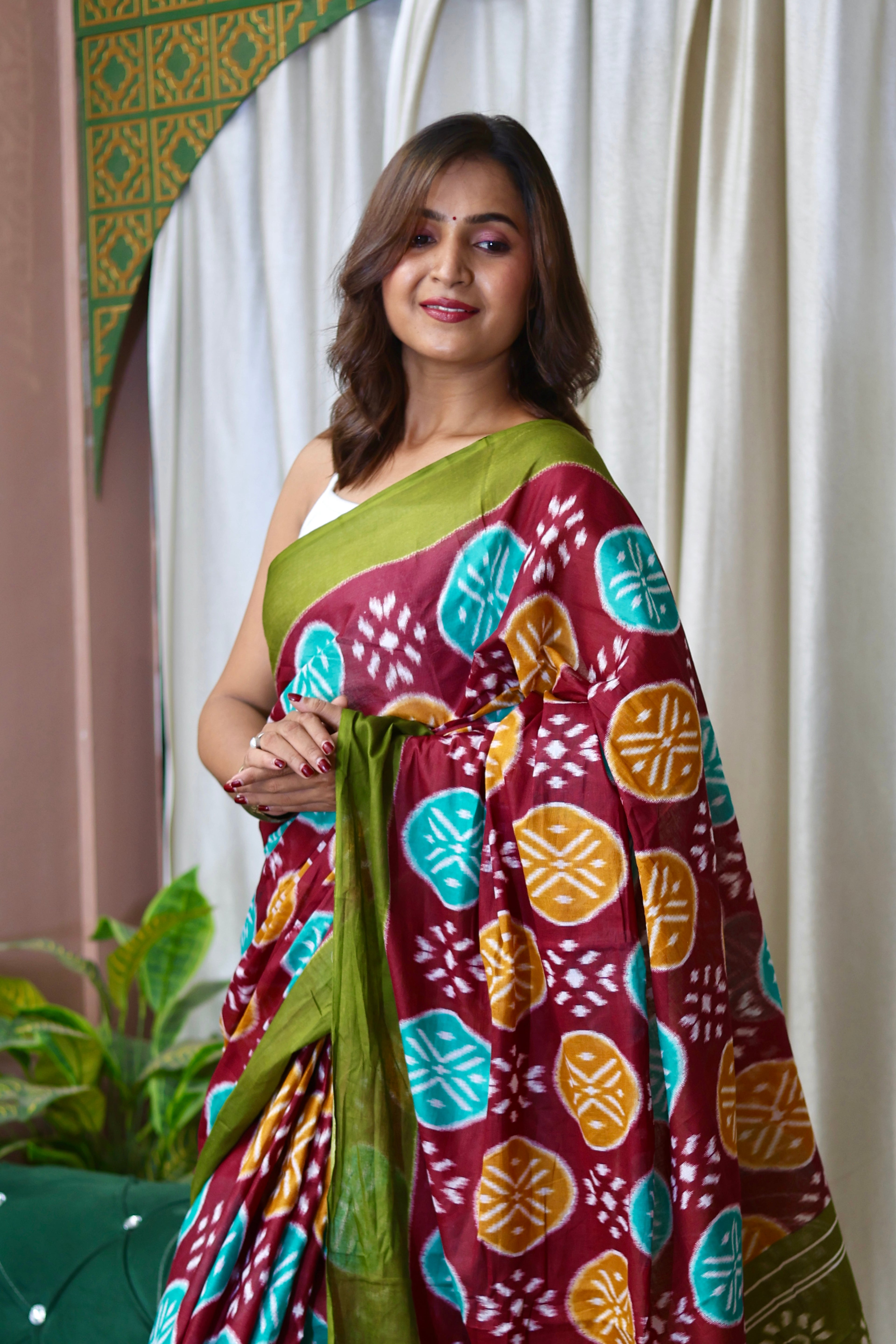 ANGRAKHA PURE MULMUL COTTON IKKAT HAND PRINTED MAROON SAREE