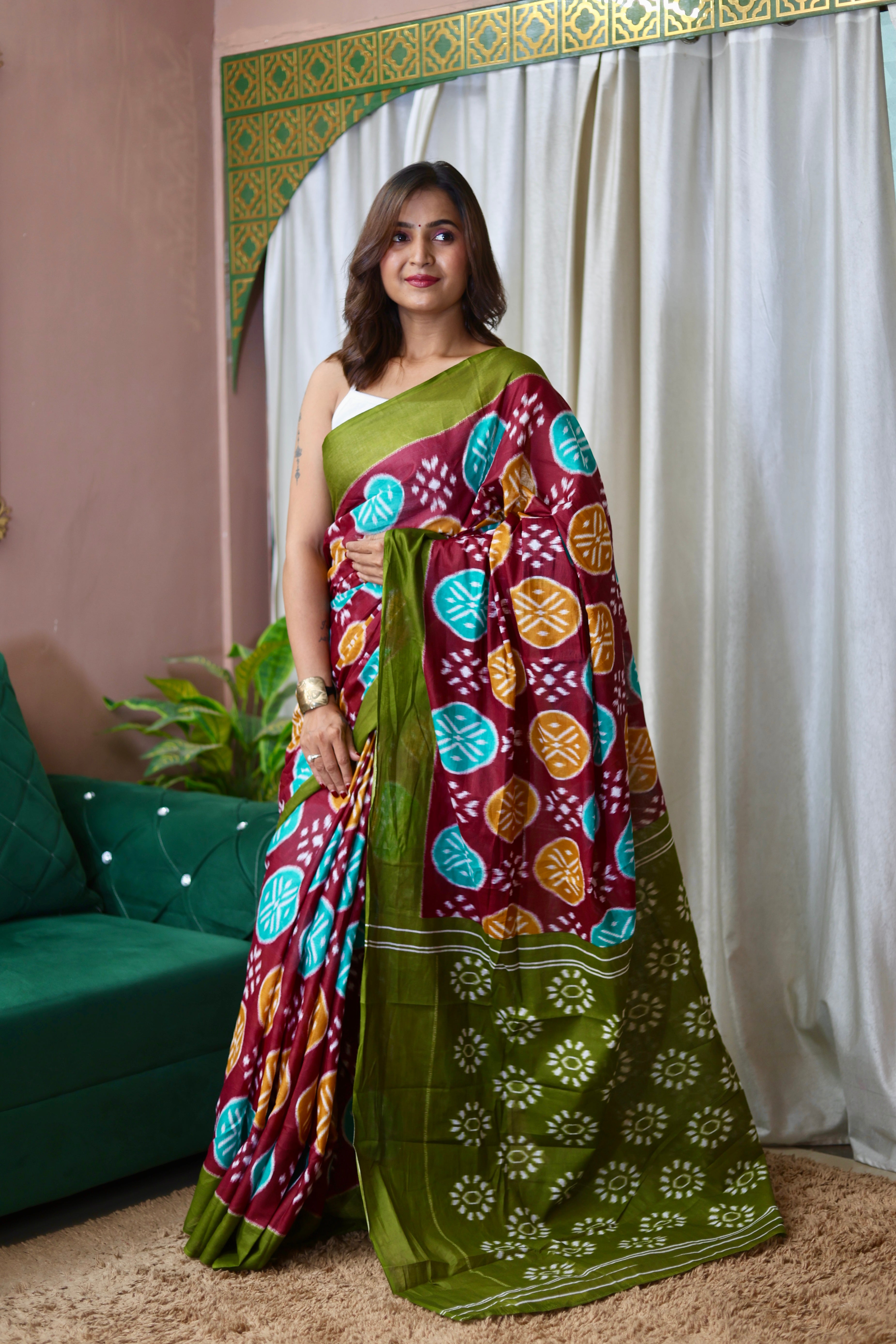 ANGRAKHA PURE MULMUL COTTON IKKAT HAND PRINTED MAROON SAREE