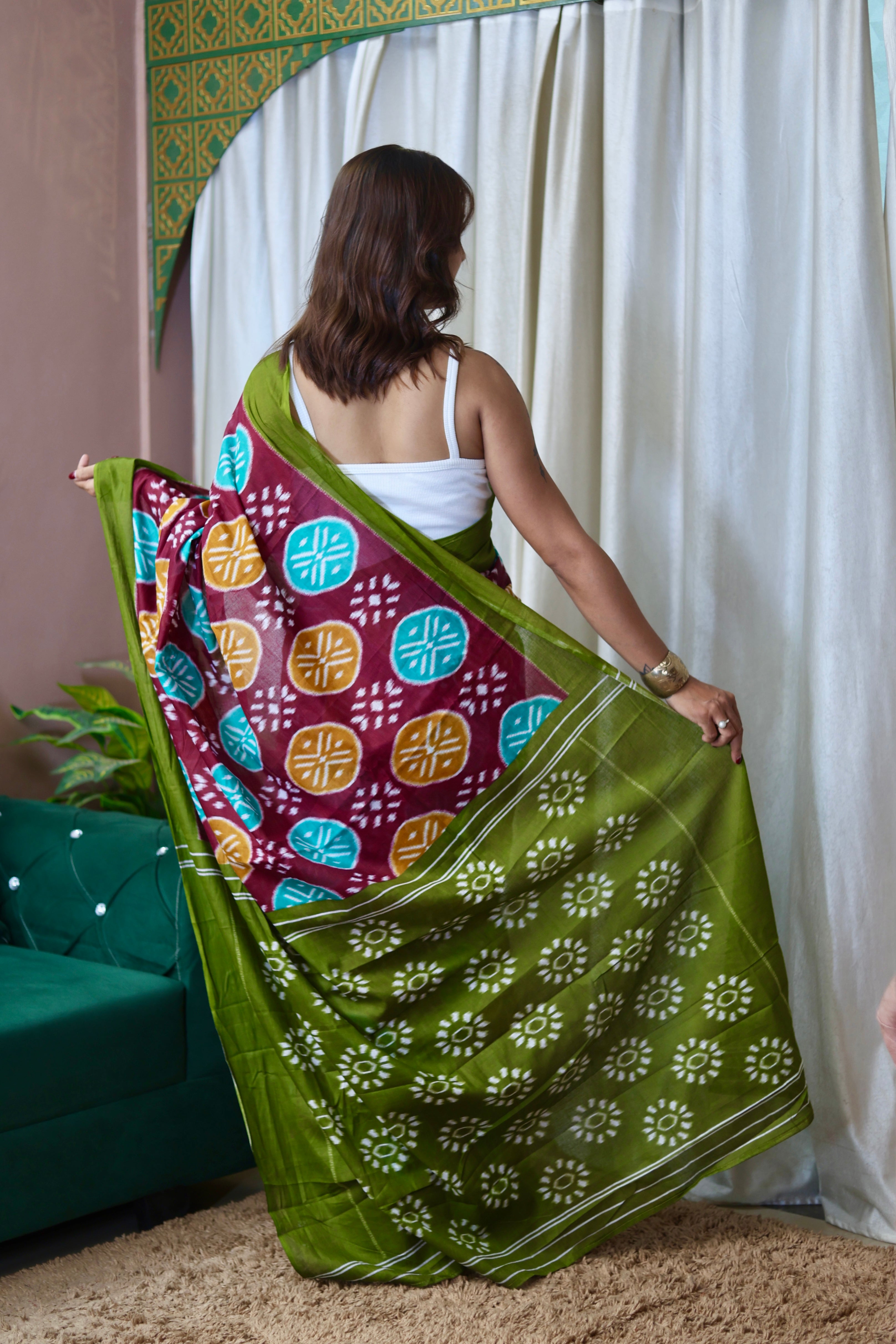 ANGRAKHA PURE MULMUL COTTON IKKAT HAND PRINTED MAROON SAREE