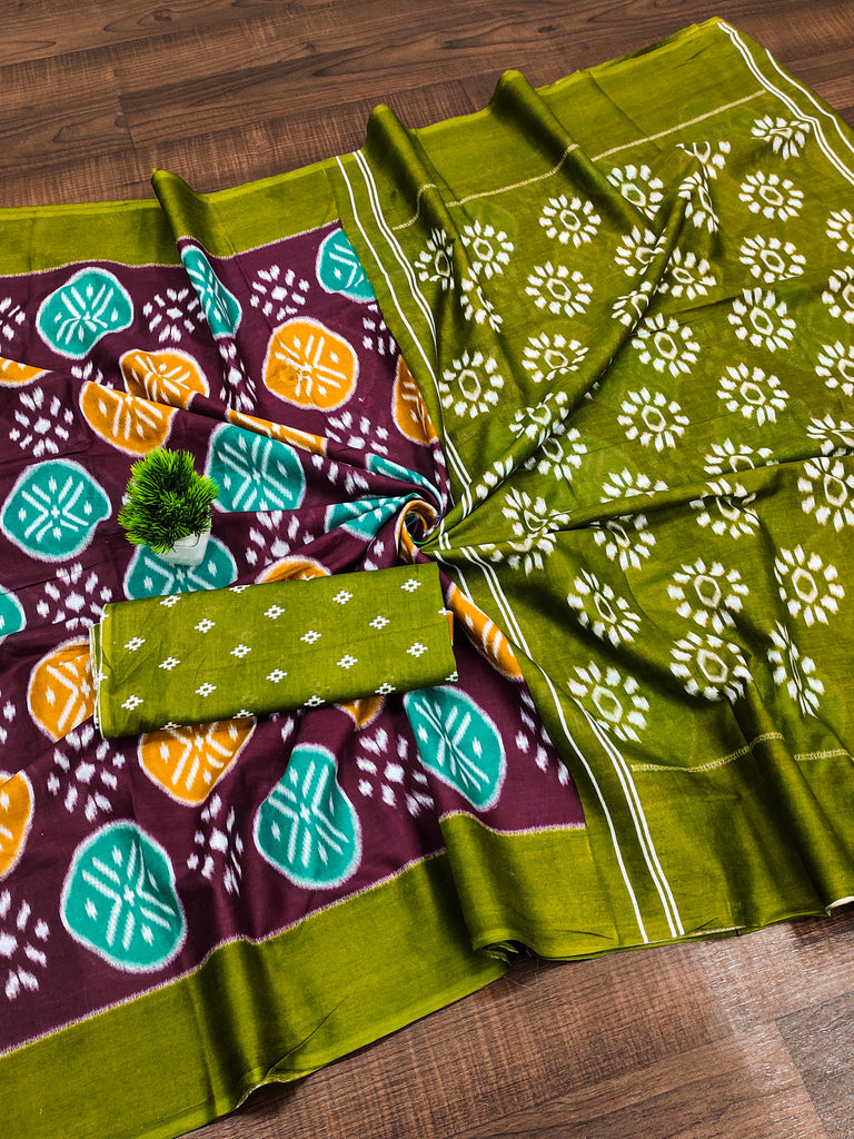 ANGRAKHA PURE MULMUL COTTON IKKAT HAND PRINTED MAROON SAREE