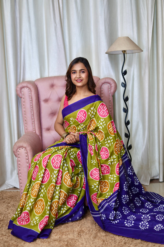 ANGRAKHA PURE MULMUL COTTON IKKAT HAND PRINTED OLIVE GREEN SAREE