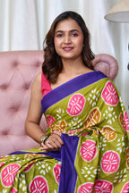 ANGRAKHA PURE MULMUL COTTON IKKAT HAND PRINTED OLIVE GREEN SAREE