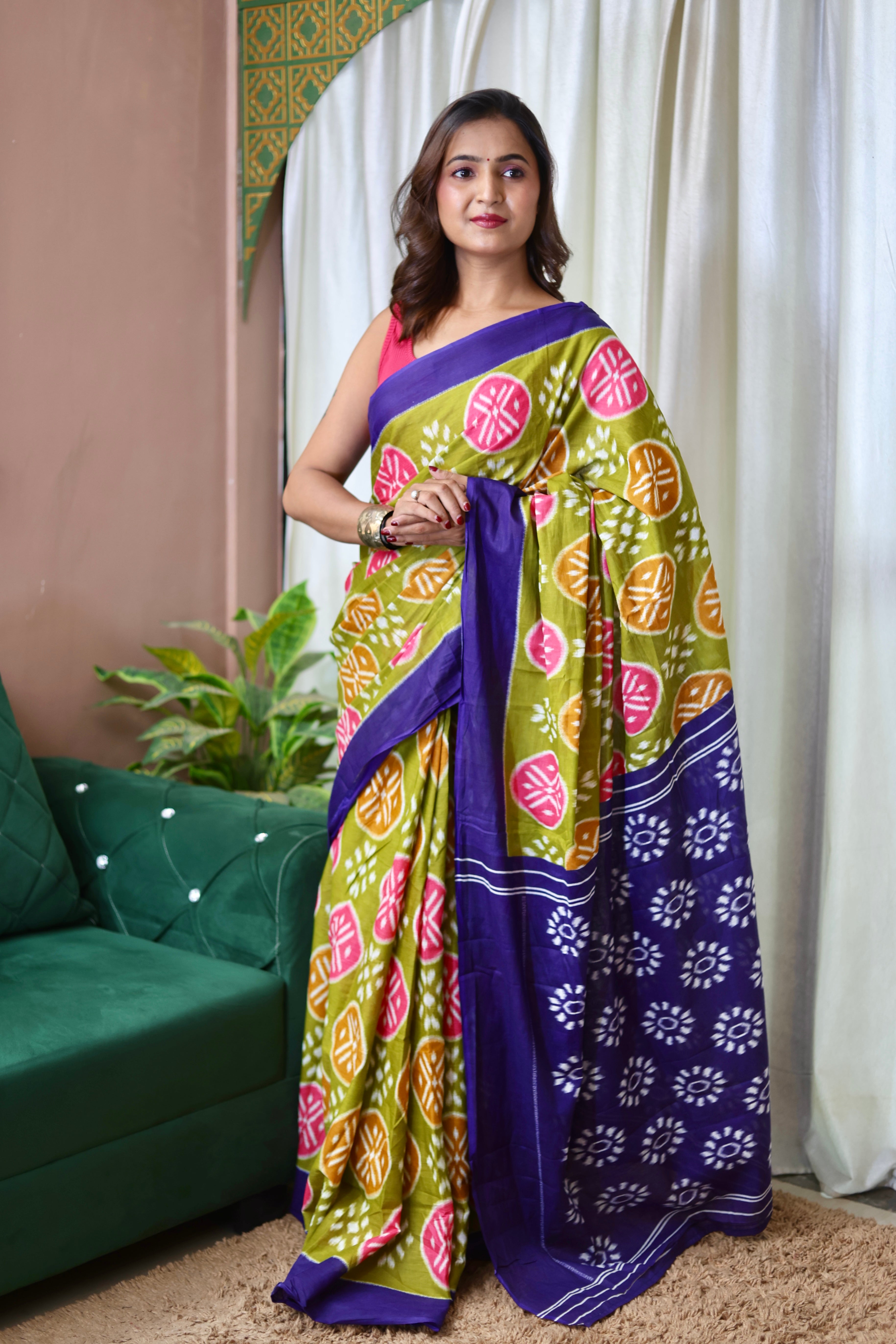 ANGRAKHA PURE MULMUL COTTON IKKAT HAND PRINTED OLIVE GREEN SAREE