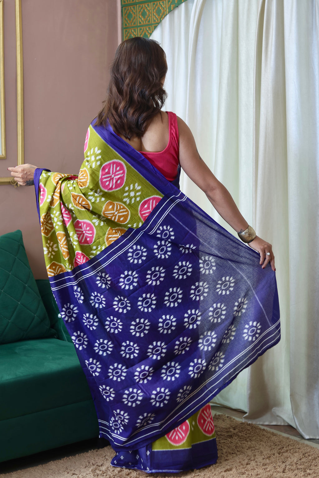 ANGRAKHA PURE MULMUL COTTON IKKAT HAND PRINTED OLIVE GREEN SAREE