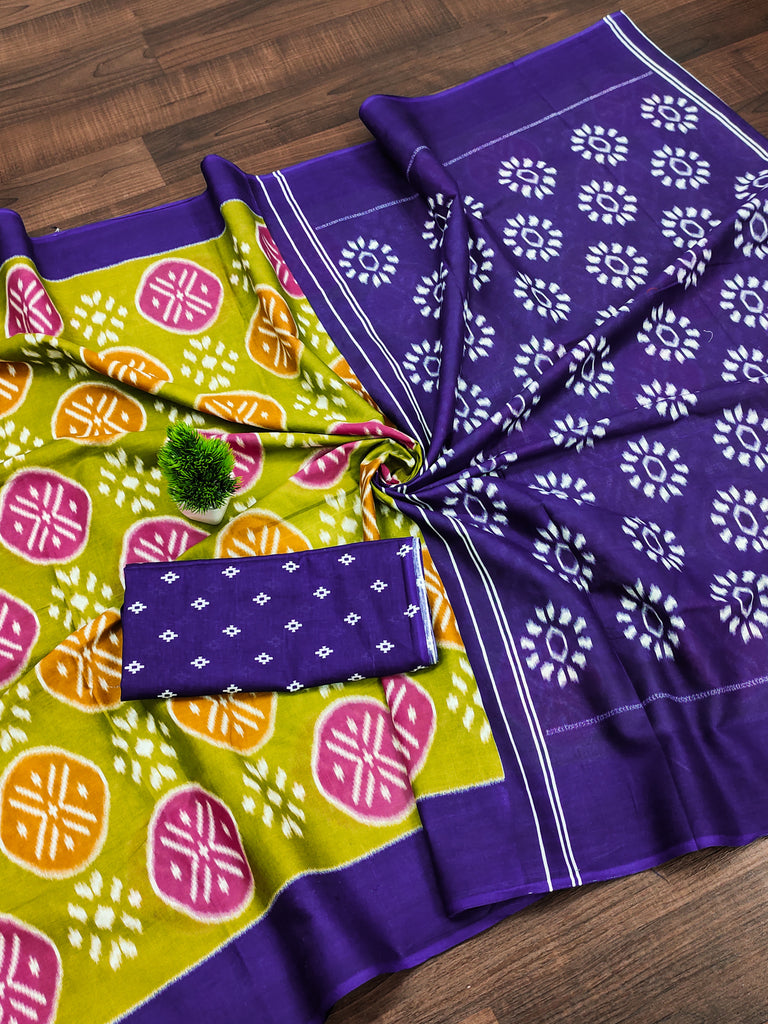 ANGRAKHA PURE MULMUL COTTON IKKAT HAND PRINTED OLIVE GREEN SAREE