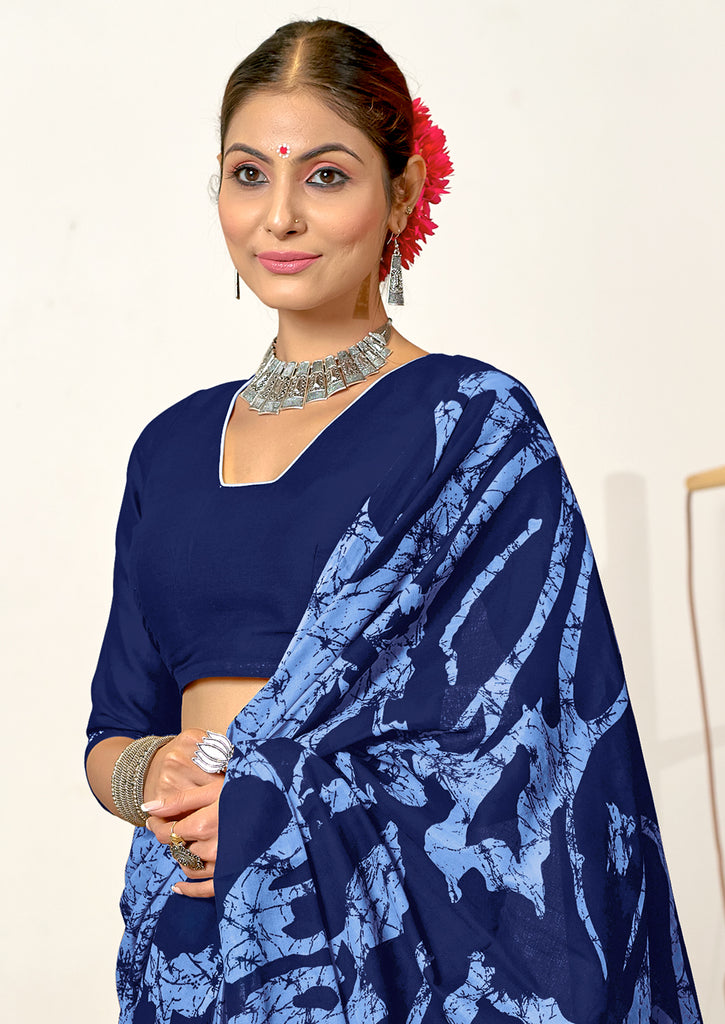 ANUPAMAA PURE MULMUL COTTON HAND BLOCK PRINTD BLUE SAREE
