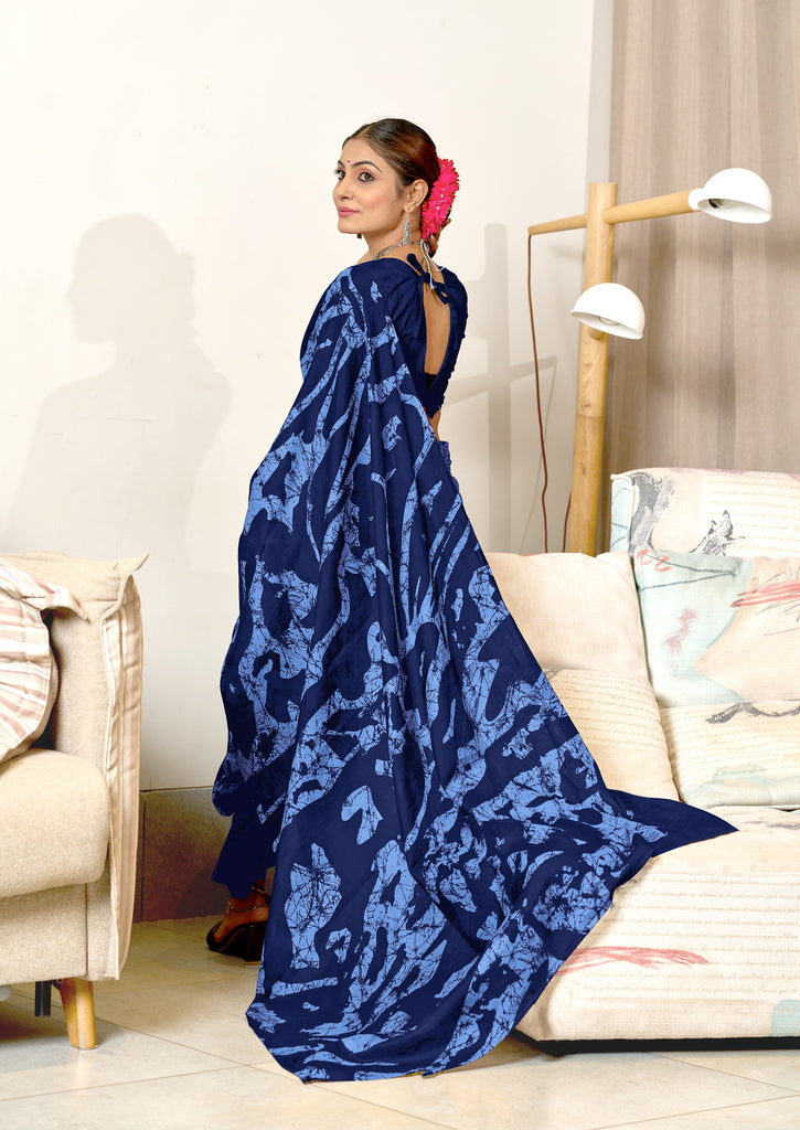 ANUPAMAA PURE MULMUL COTTON HAND BLOCK PRINTD BLUE SAREE