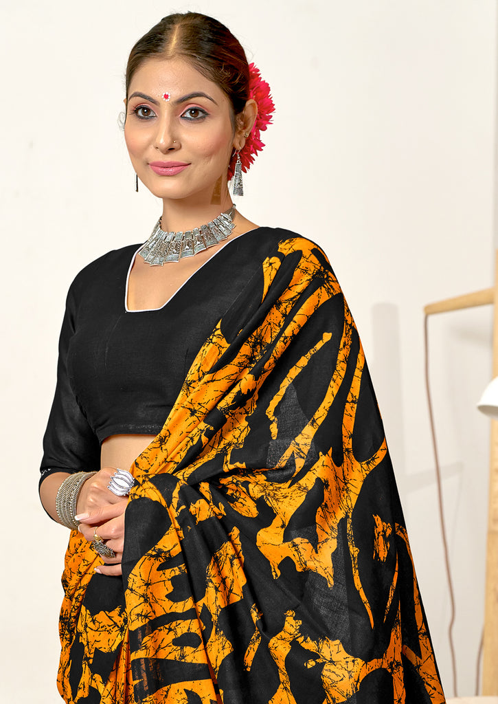 ANUPAMAA PURE MULMUL COTTON HAND BLOCK PRINTD MUSTARD SAREE