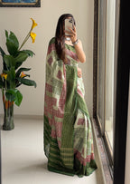 ASSAM SILK NATURAL CELLULOSE NYLON AND VISCOSE ZARI WEAVING OLIVE GREEN SAREE