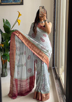 ASSAM SILK NATURAL CELLULOSE NYLON AND VISCOSE ZARI WEAVING SKY BLUE SAREE