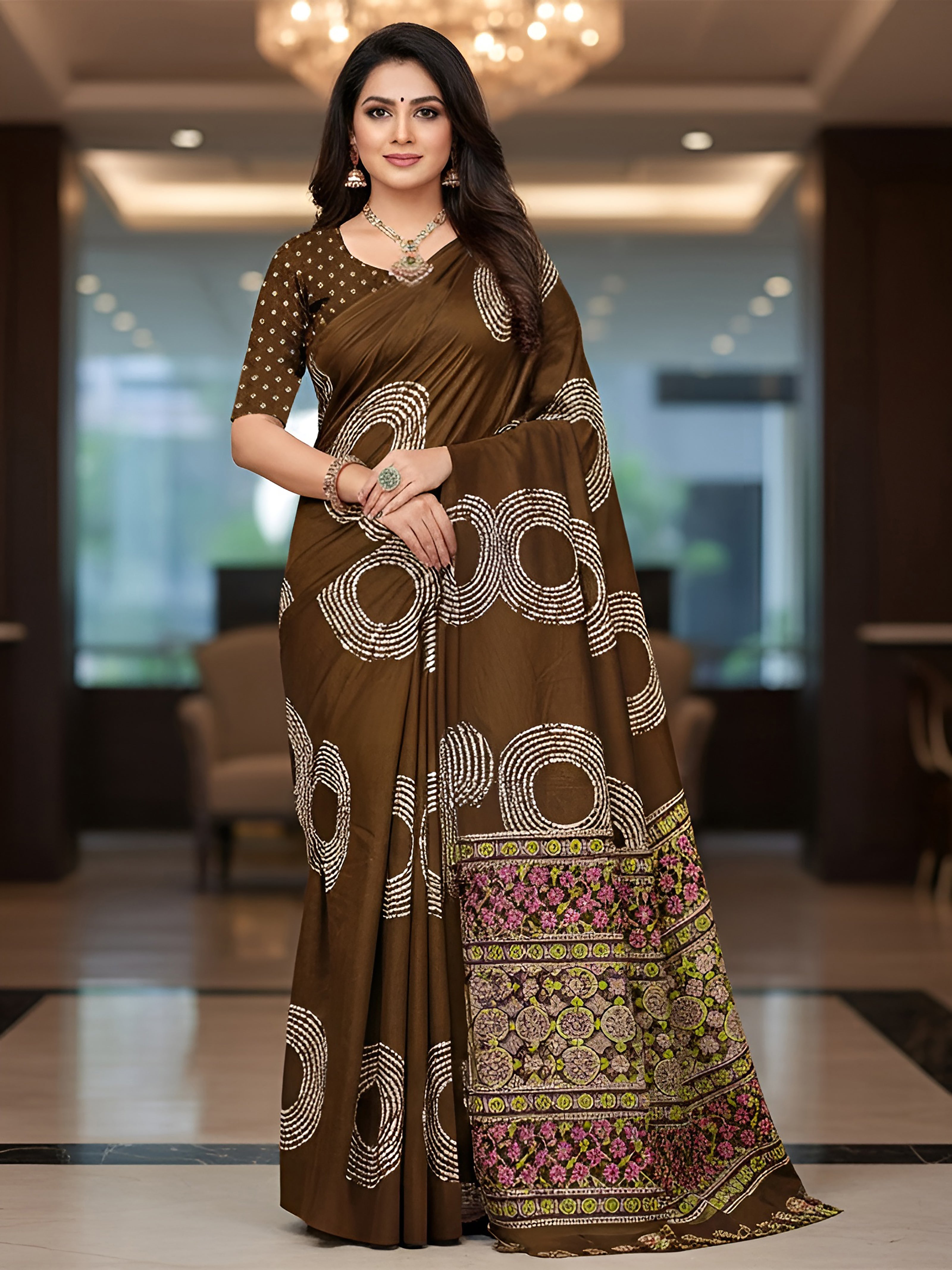 AJRAKH BANDHEJ PURE MULMUL COTTON  HAND BLOCK PRINT BROWN SAREE