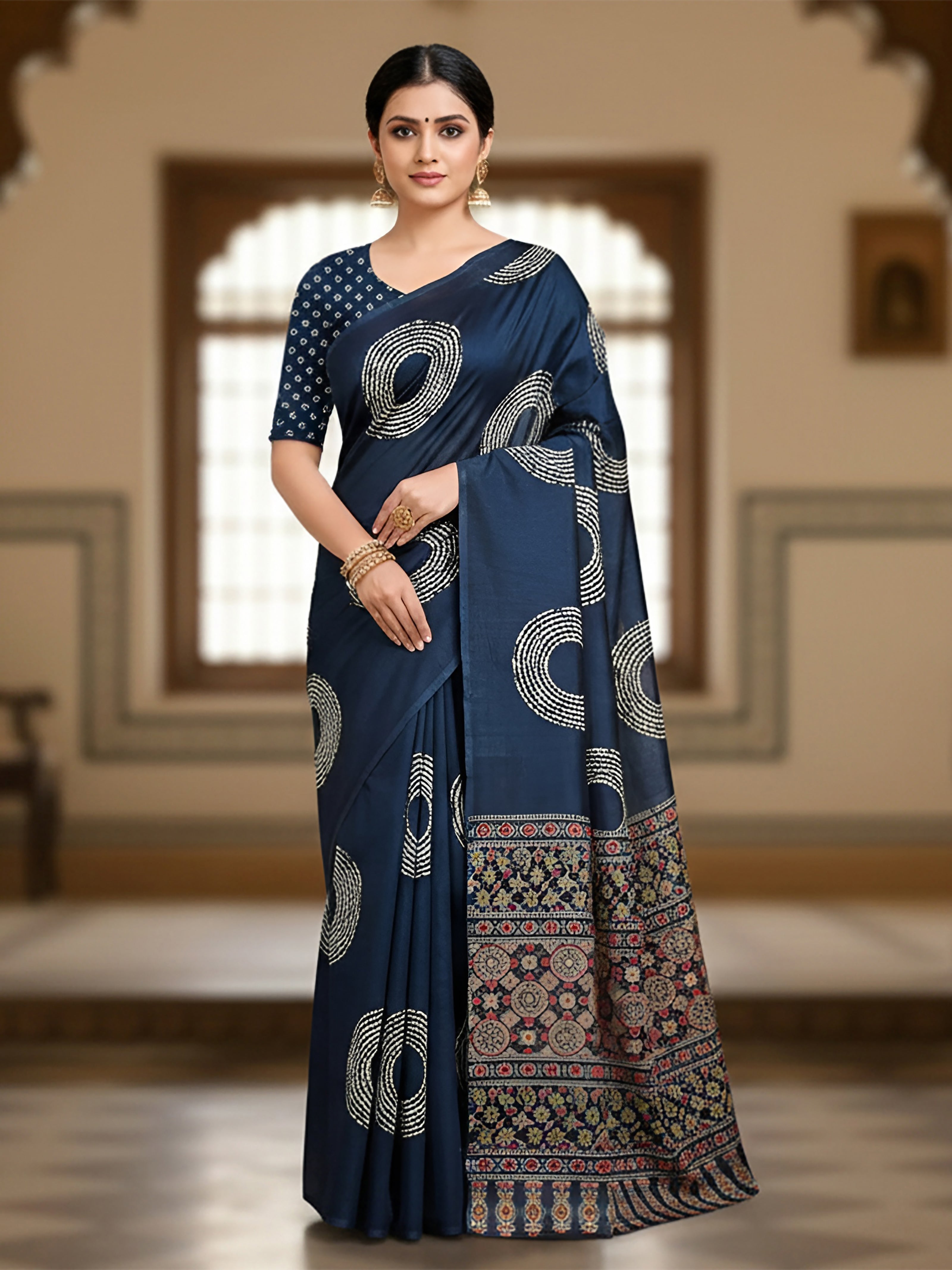 AJRAKH BANDHEJ PURE MULMUL COTTON  HAND BLOCK PRINT TEAL BLUE SAREE
