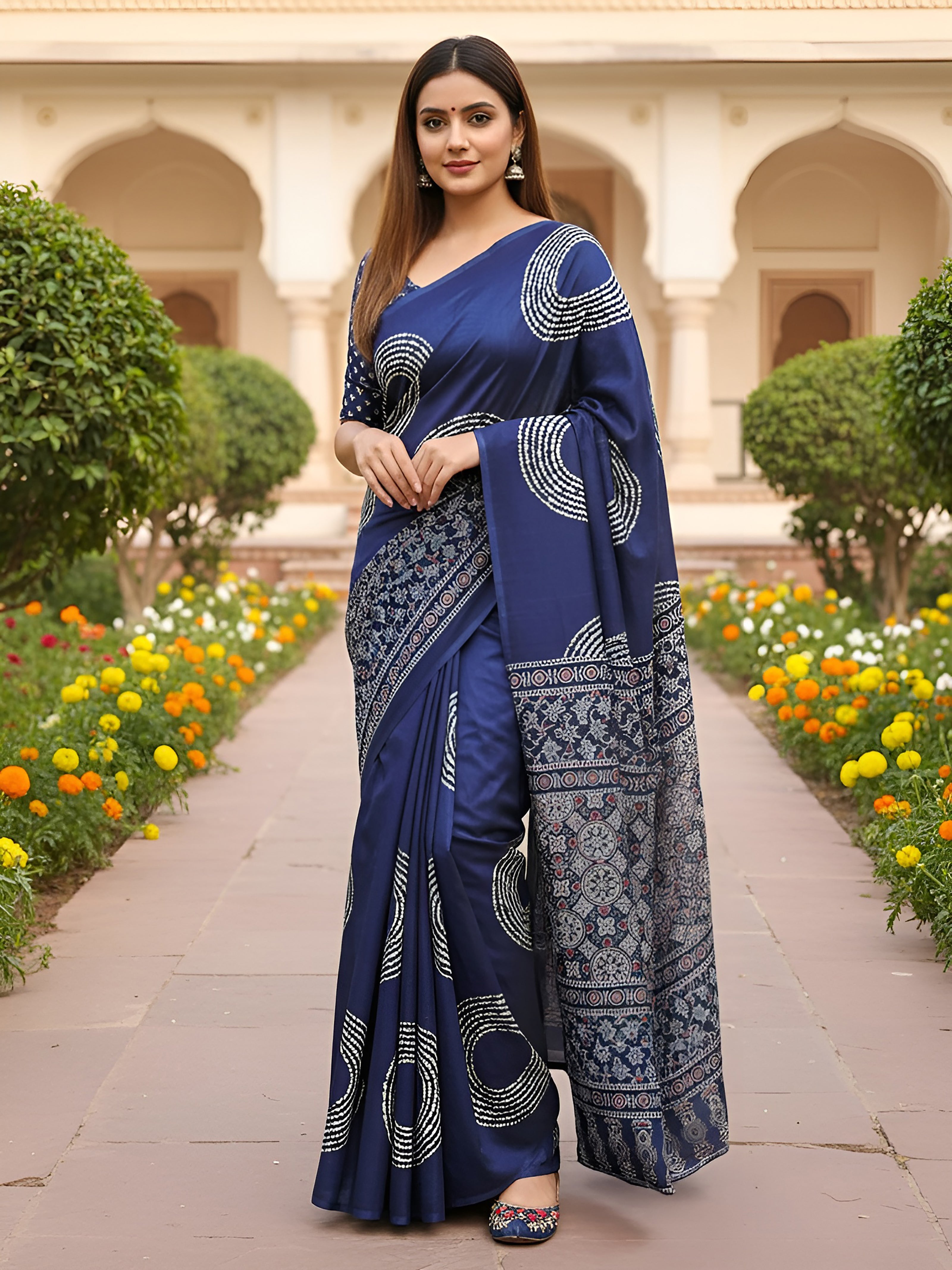 AJRAKH BANDHEJ PURE MULMUL COTTON  HAND BLOCK PRINT BLUE SAREE