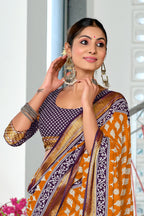 BASANTI PRIMUM PURE COTTON MULMUL BUTI HAND BLOCK PRINT WITH HEVAY ZARI BODAR GOLDEN SAREE