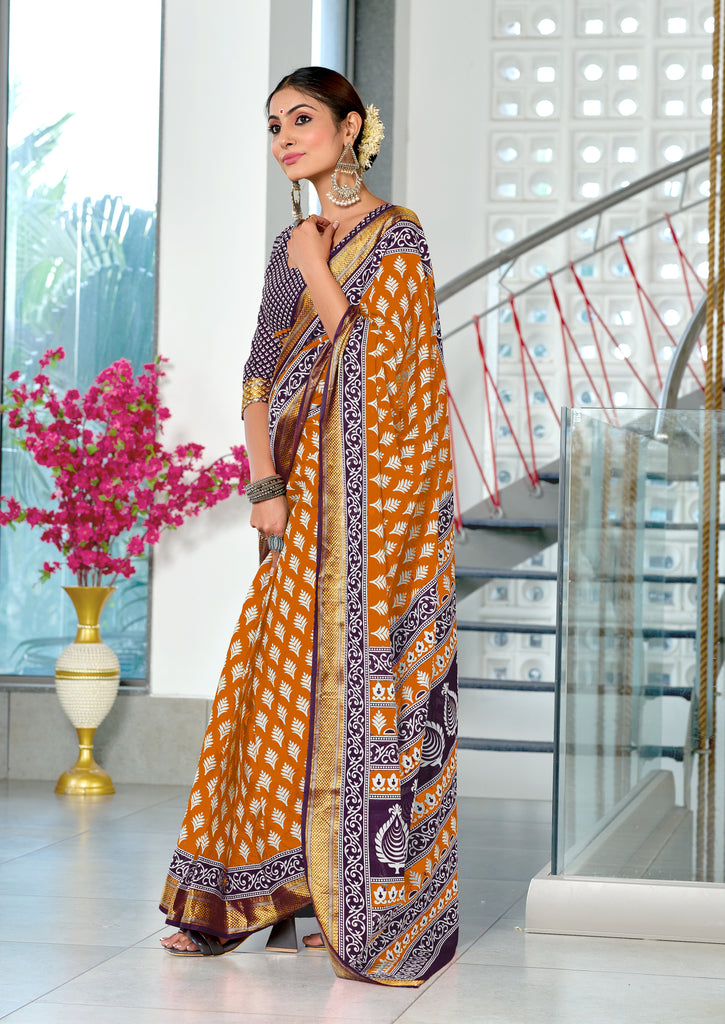 BASANTI PRIMUM PURE COTTON MULMUL BUTI HAND BLOCK PRINT WITH HEVAY ZARI BODAR GOLDEN SAREE